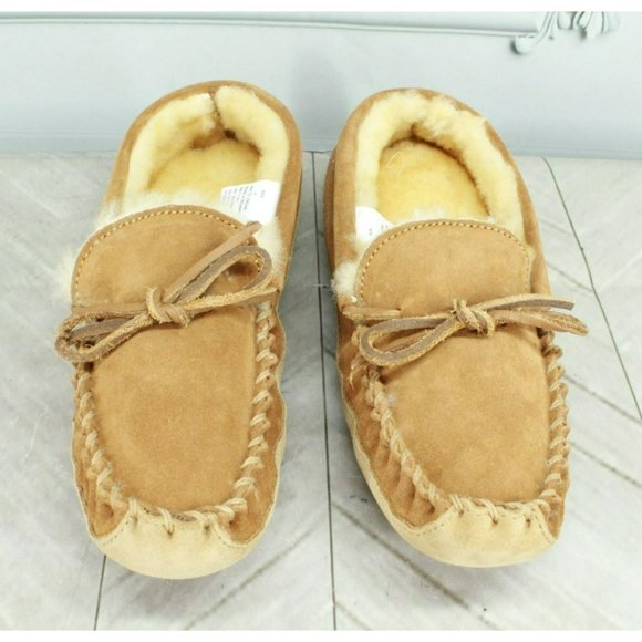 LL Bean Kids Brown Suede Wicked Good Shearling Lined Moccasin Slipper Size 6 - Picture 5 of 9